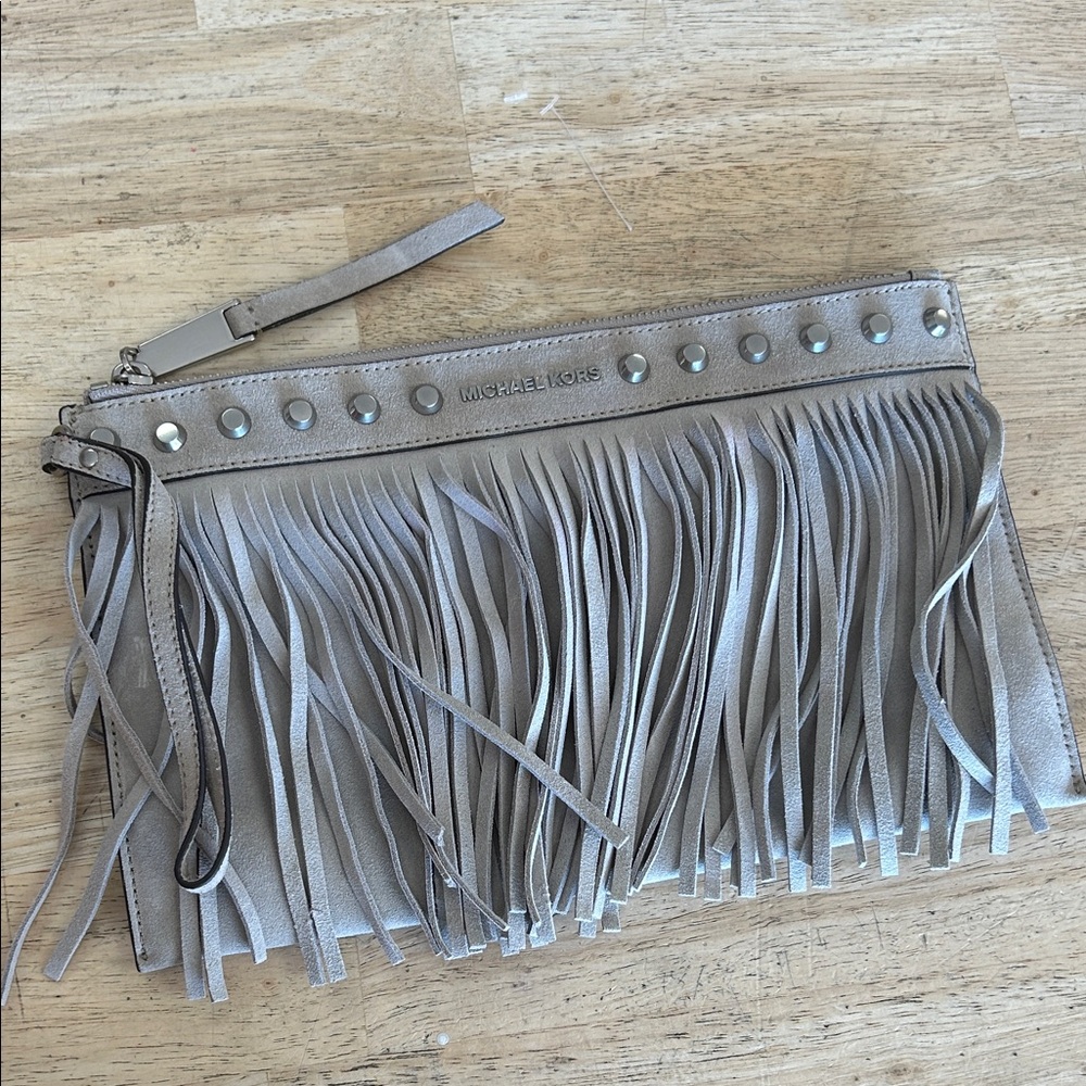 Michael Kors grey Fringe Leather Wristlet Clutch with Studs